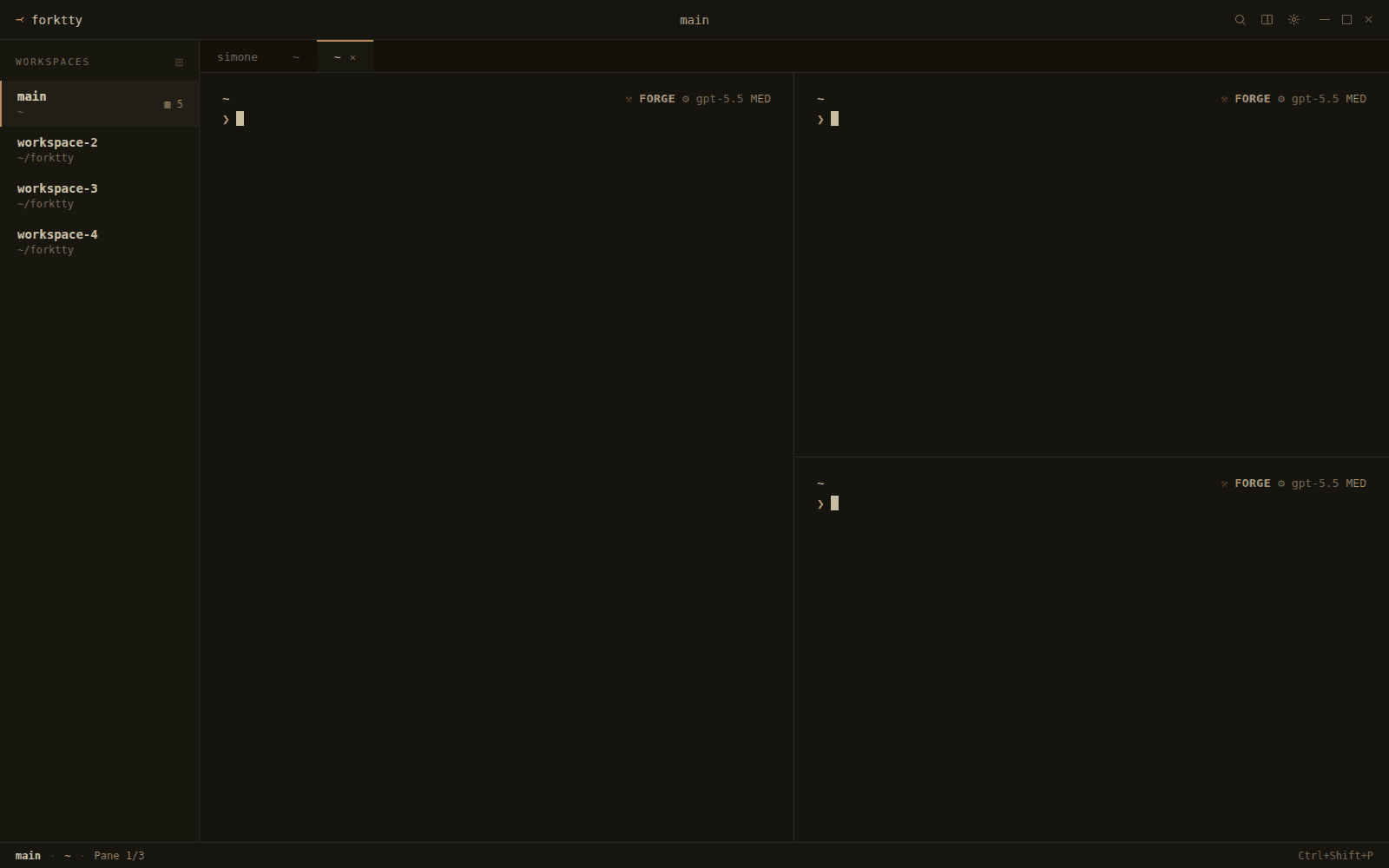 ForkTTY GTK terminal on Linux: a workspace sidebar lists 'main' (active, 5 panes) plus workspace-2, -3 and -4 under ~/forktty. The window holds three terminal panes — one on the left, two stacked on the right — each running the FORGE agent on gpt-5.5. A bottom status bar reads 'main · ~ · Pane 1/3 · Ctrl+Shift+P'.